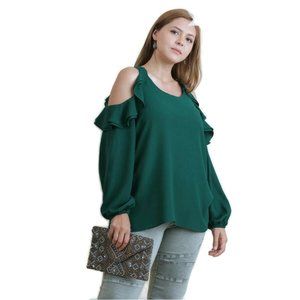 Umgee Ruffle Open Shoulder Blouse, Forest